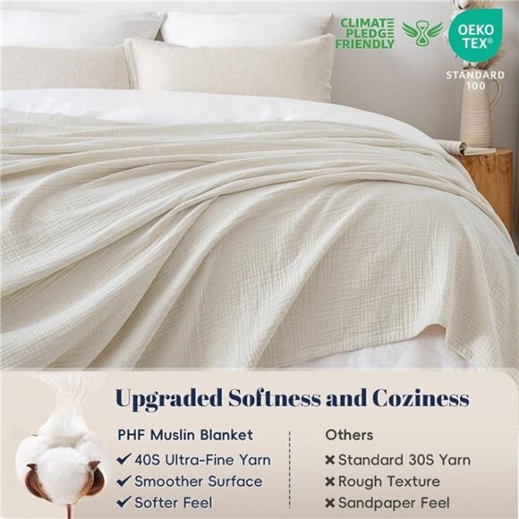 100% Cotton Muslin Blanket King Size 108"x90", 4-Layer Lightweight Gauze Throw - Picture 4 of 7